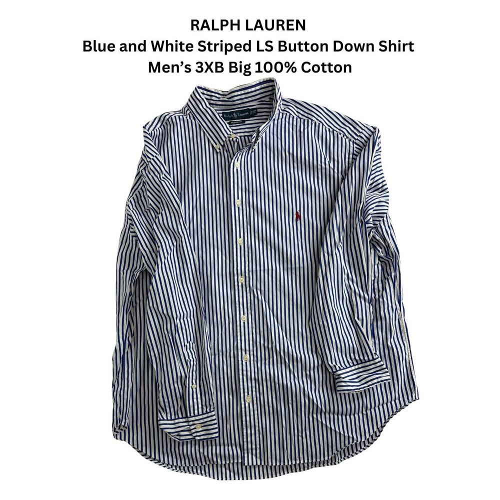 Ralph Lauren mens 3Xb big LS button down shirt, blue, and white stripe red logo